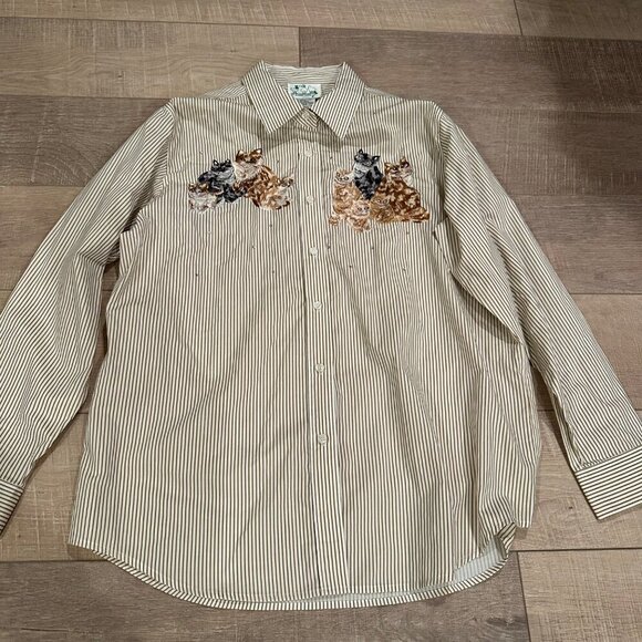 THE QUACKER FACTORY WOMENS BROWN STRIPED CAT SHIRT BUTTON DOWN LARGE CRAZY CAT L - Picture 1 of 9